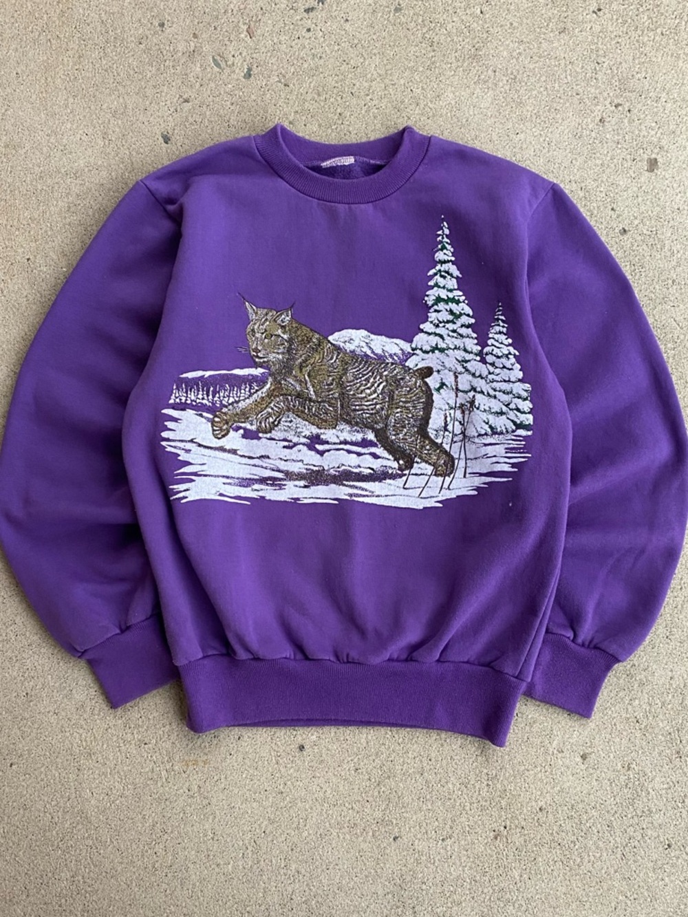 90s Vintage Purple Snow Cat Winter Crewneck
